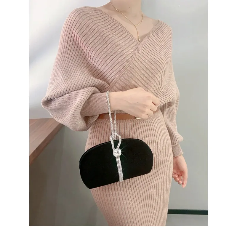 Bolsa de jantar de diamante preto premium feminina elegante bolsa de pulso com corrente de strass para acessório de vestido de festa
