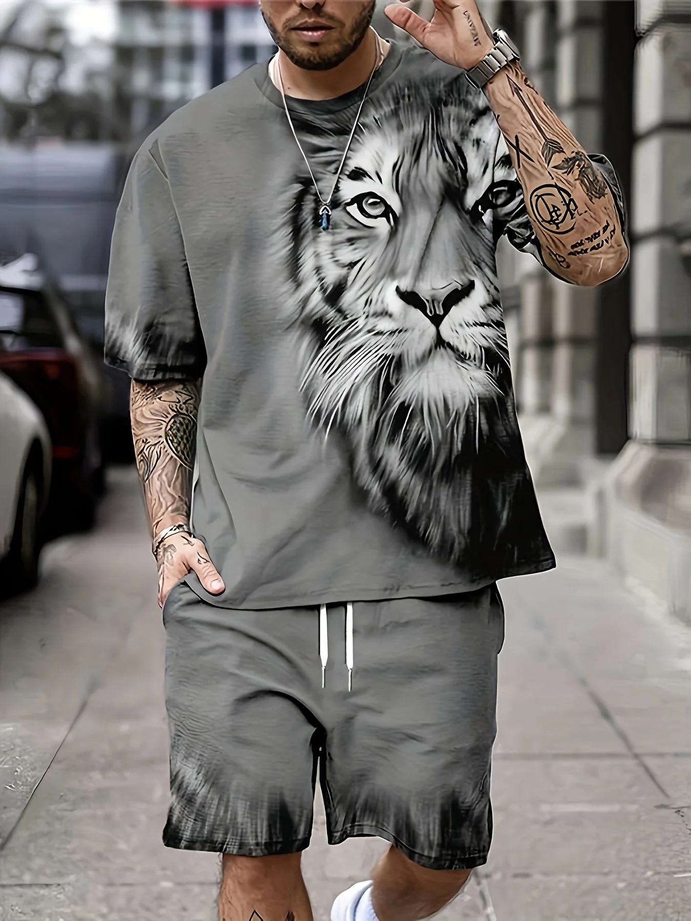 

3D White Tiger Print Blue Summer Men's Short Sleeve Suit Fashion Street Men Short Sleeve Shorts 2 Suit Casual Fashion Men Clothe