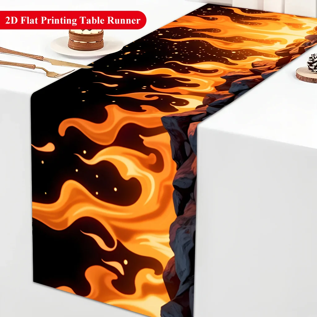 Flames Burning Over Rocks Table Runner - Modern Fire Elements Party Dining Table Flag Home Holiday Desktop Decoration