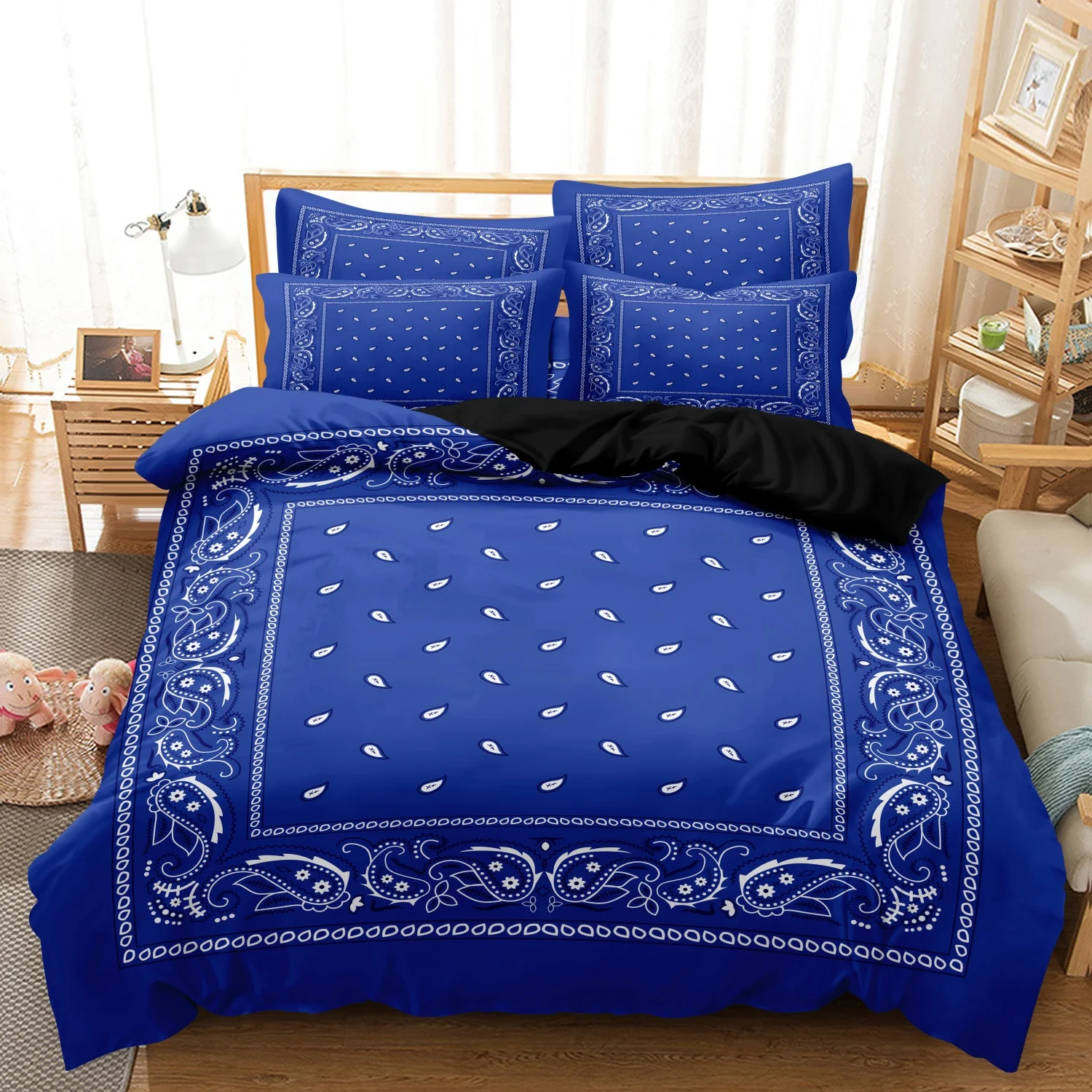 Royal Blue White Paisley Print 3Pcs Duvet Cover Set, Classic Western Bohemia Floral Print Bedding, For Bedroom Home Decoration
