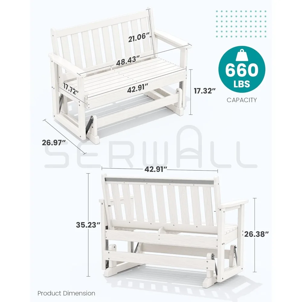 

2 Person Patio Glider Rocking Chair, HDPE Material Weather-Resistant Swinging Bench for Outdoor Porch Garden, White