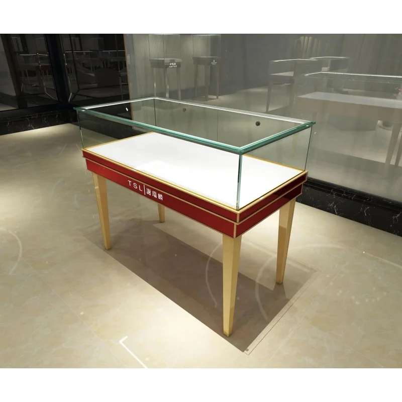 Armário de vidro sem moldura personalizado, móveis de joalheria, vitrine com luz LED, luxo e moderno