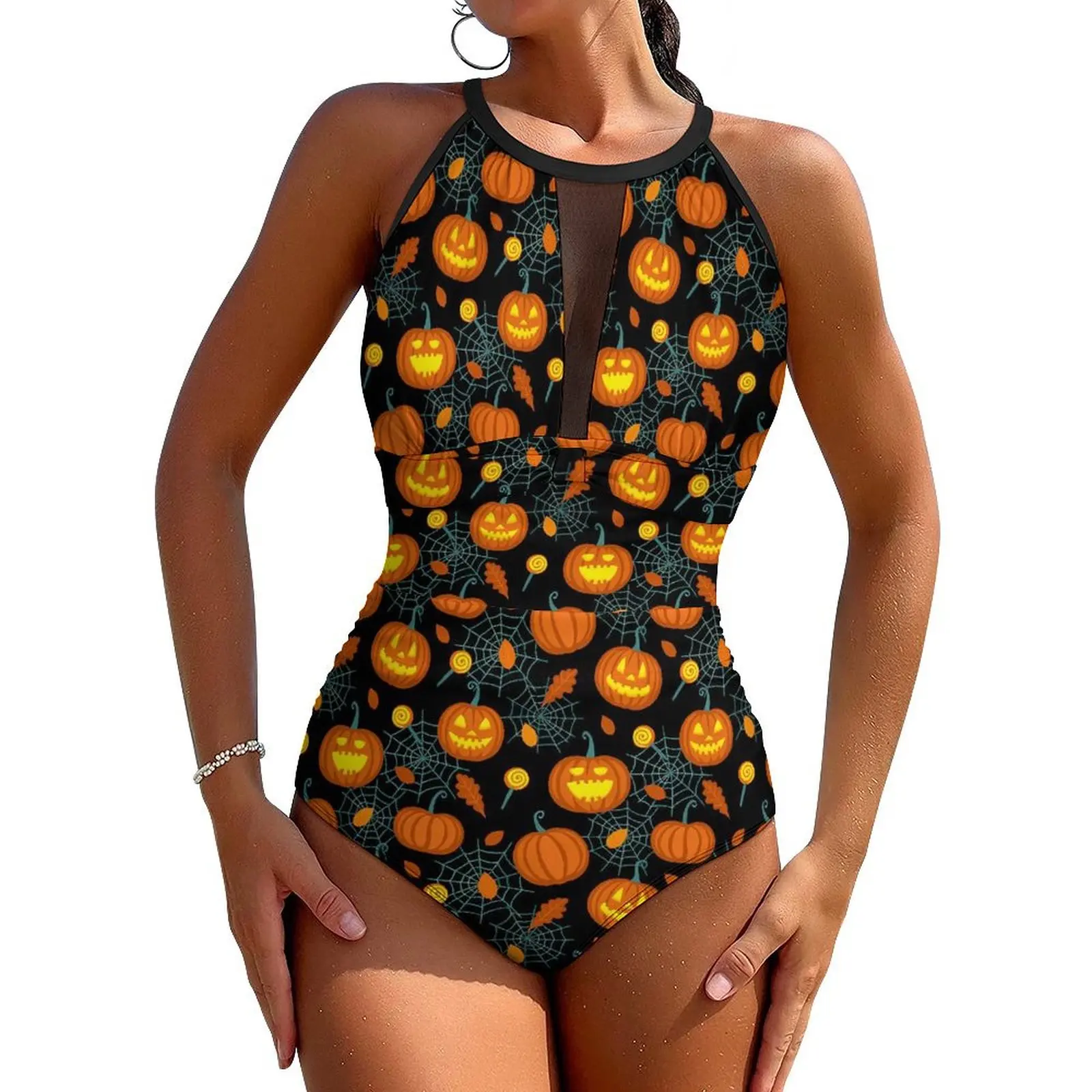 

Купальник с тыквой и паутиной, купальник с эффектом пуш-ап на Хэллоуин, цельный спортивный купальный костюм, дизайн боди, пляжная одежда, большие размеры