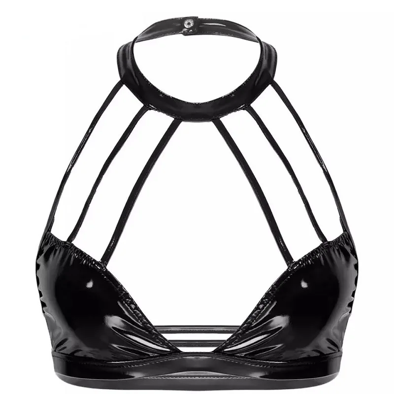 

Sexy Lingerie Women Glossy Leather Low-cut Bra Body Harness Caged Hollow Out Underwear Vest Crop Top No Peculiar Smell S-3XL