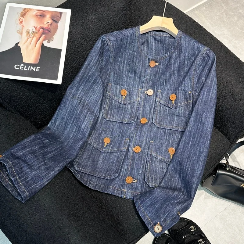

Blue Denim Short Jacket Loose round Neck Four Pocket Casual Style Women's Outerwear Summer 2025 Fashion Ladies' Coat