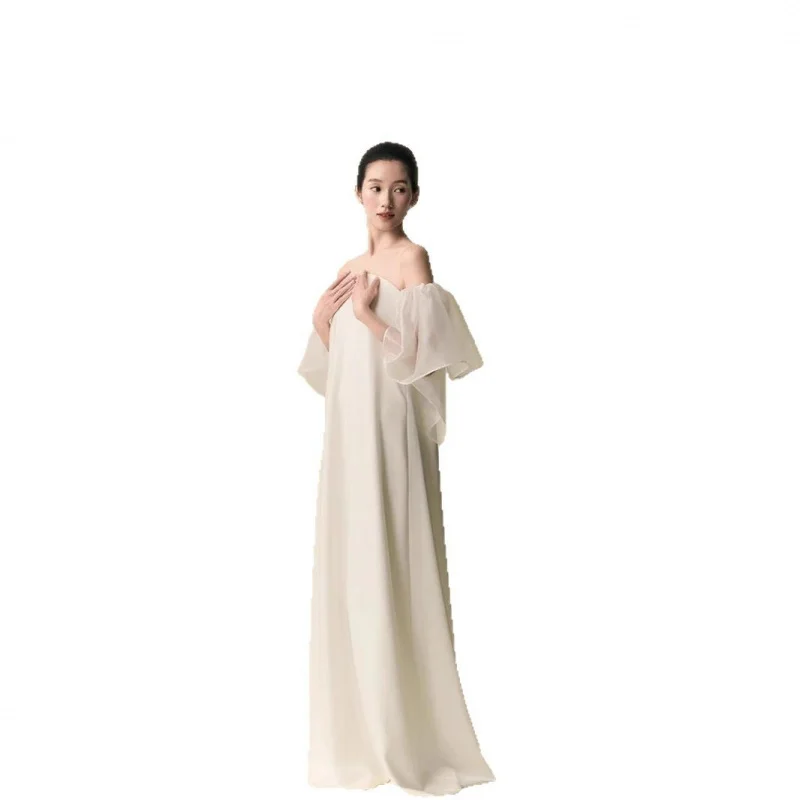 Neue Satin Schleier Braut Weiß Morgenkleider Taille Mutterschaft High Sense Trip Shoot Nische Leichtes Hochzeitskleid