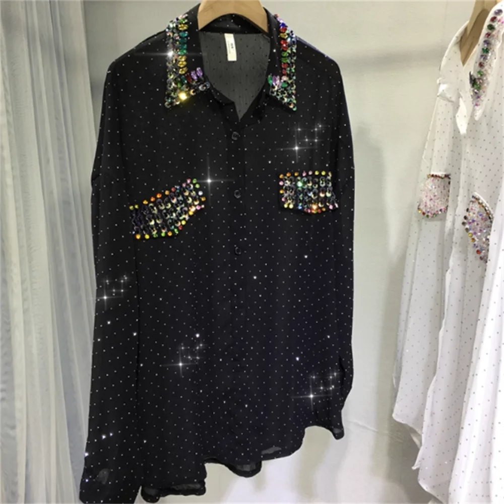 

Black and white hot diamond shirt women's light summer sunscreen shirt silk nail beads chiffon blouse