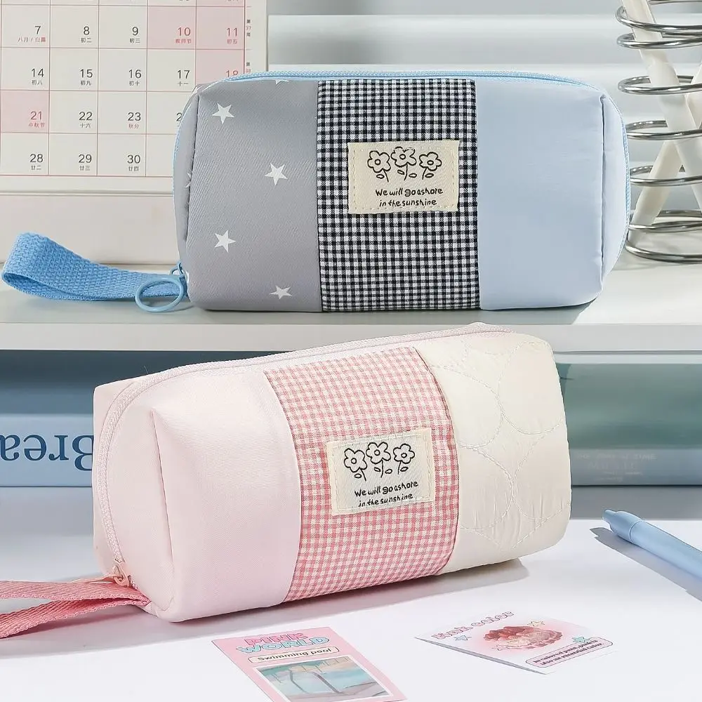 Plaid Color-Blocking Pencil Case Large Capacity Portable Pencil Pouch 4-Layer Classification Stationery Bag Back To School