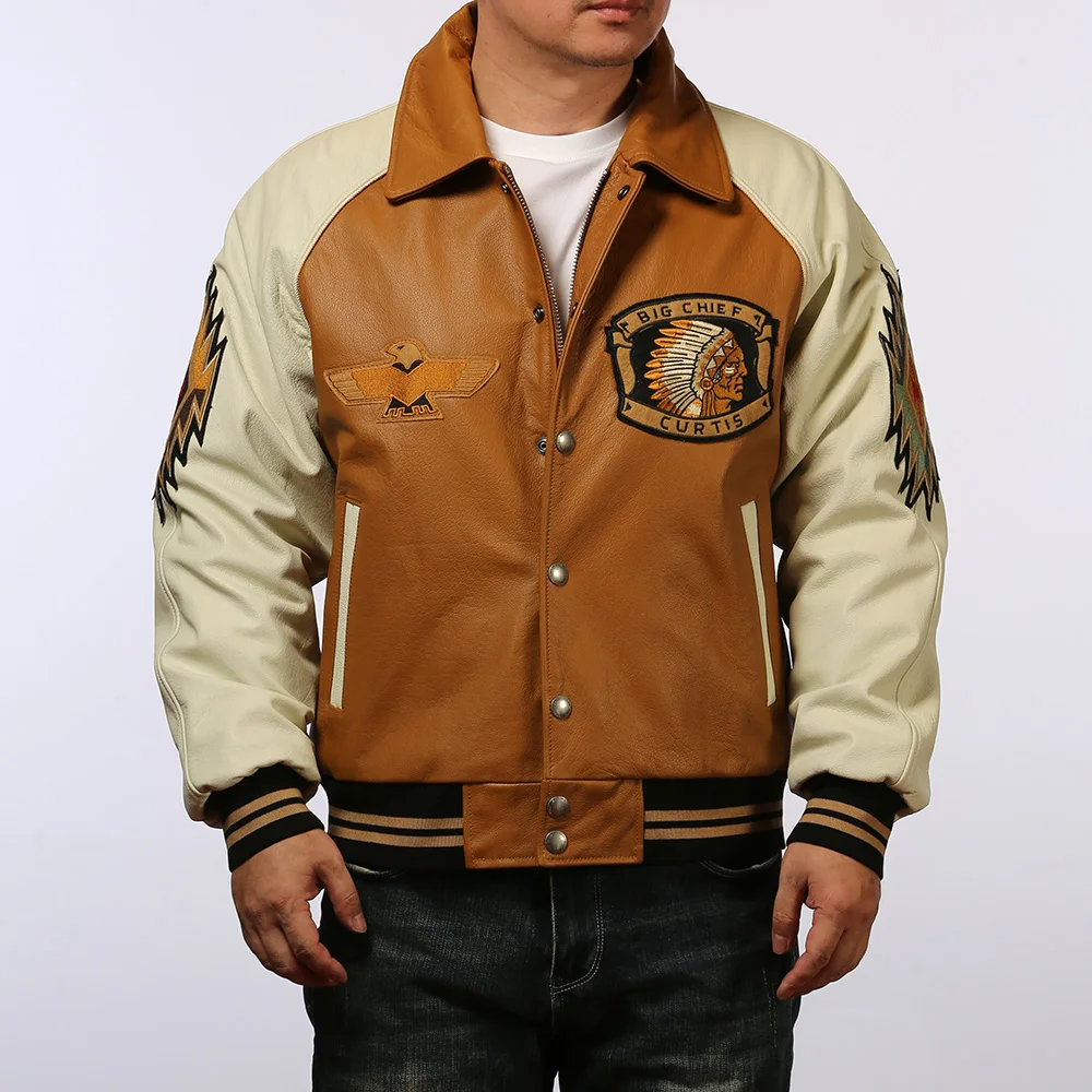 Fat plus size cotton leather jacket men's Indian embroidery fashion casual sports pilot tops yellow cowhide thin cotton clothing