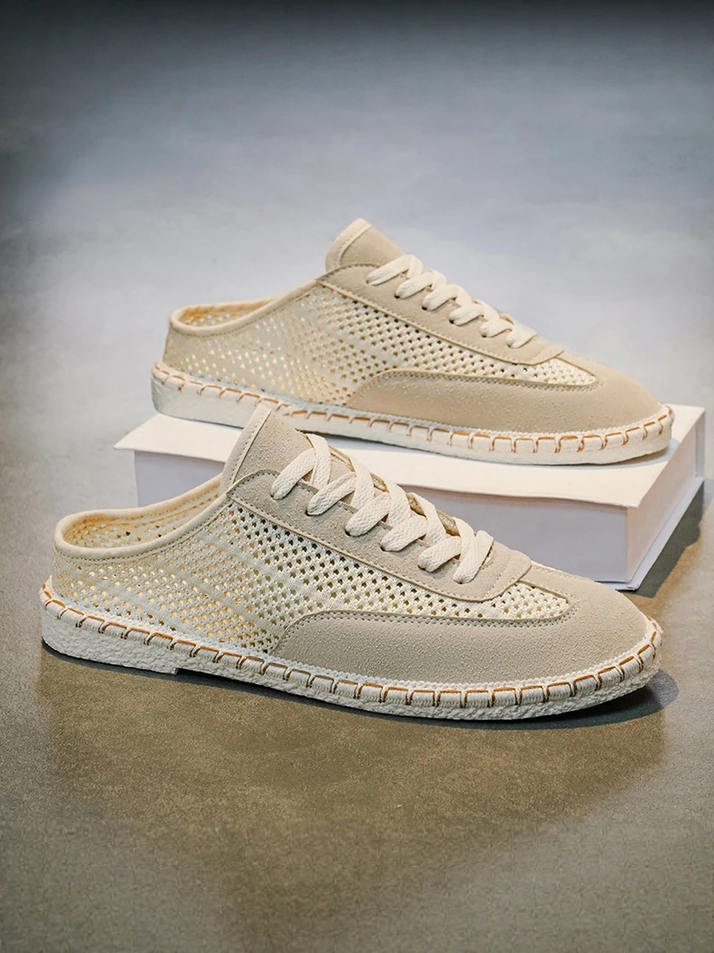 

Men's Breathable Summer Slip-On Fishing Boat Shoes Casual Woven Upper Mesh Tongue Flat Heel Synthetic Leather Rubber Outsole