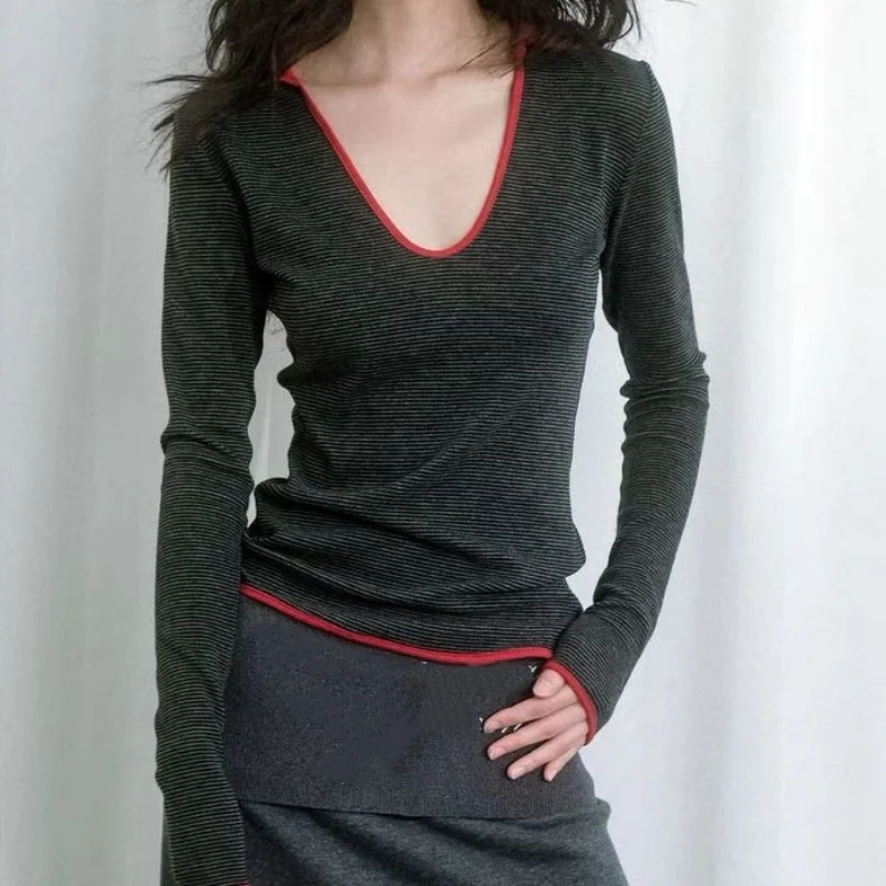 

Женская футболка в полоску с эстетическим контрастным цветом Y2k, повседневные топы в стиле Харадзюку, уличная одежда, винтажные футболки в стиле гранж