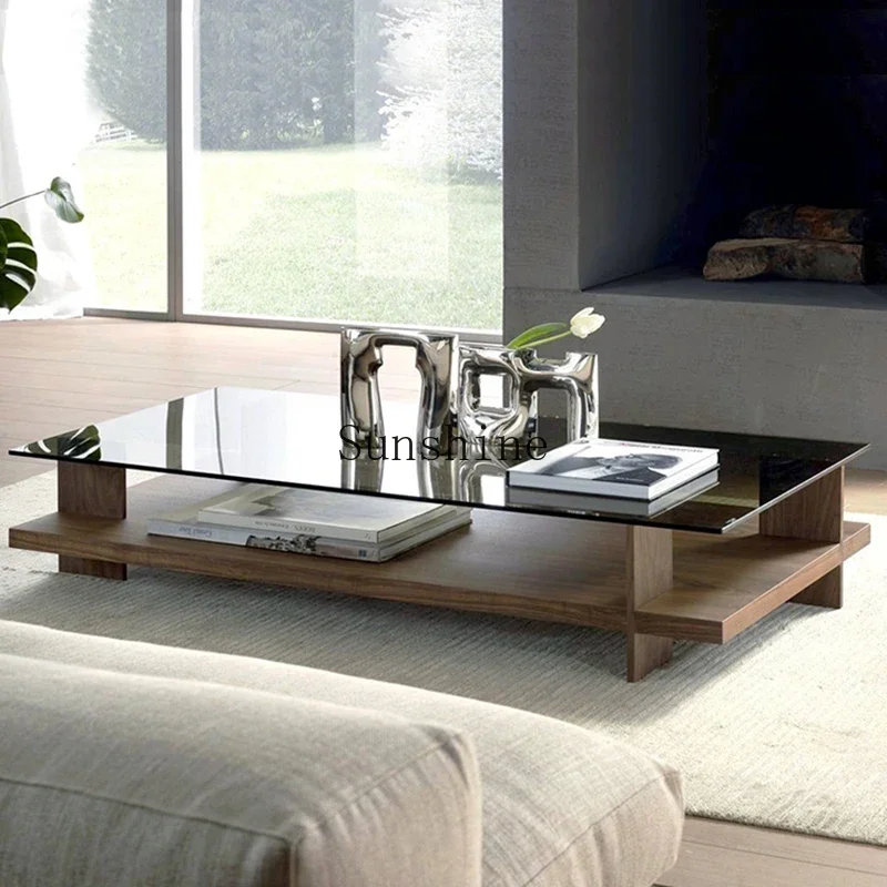 

Nordic retro solid wood living room glass table small apartment household short table light luxury square tea table