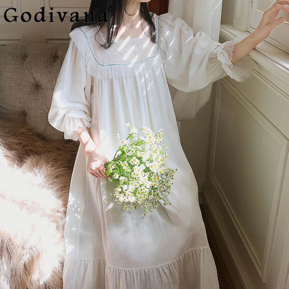 

Elegant Lady's Delicate Sleepwear Spring Autumn Female Pajamas Trouser Set Women's Sleepshirts Lace Court Style Homewear