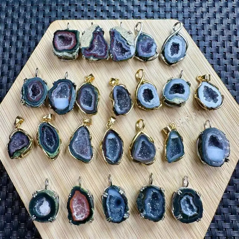 

S925 Natural Mexican Agate Geode Druzy Pendant Crystal Carving Polishing Mature Charm Jewelry Holiday Gift 1PCS