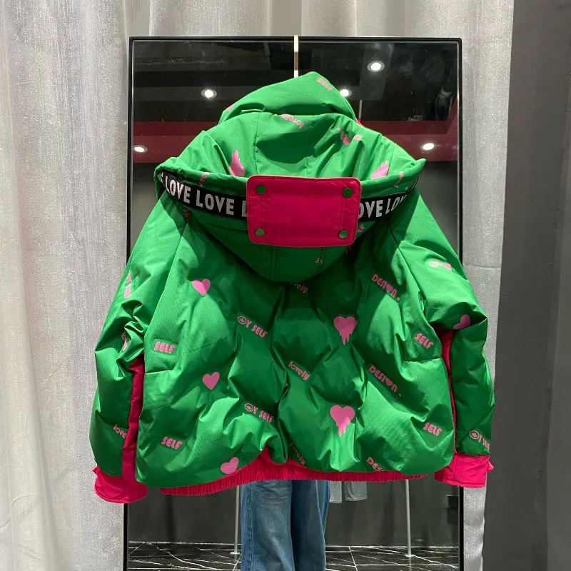 Inverno nova feminina com capuz carta para baixo jaqueta elegante versátil casual quente jaqueta na moda simples maré moda bonita