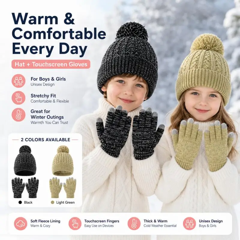 Kids Winter Knit Hat Touchscreen Gloves Set Fleece Line Warm Pom Beanie Elastic Soft Outdoor Snow Ski Cap Gloves Accessory 3-10Y - view 2