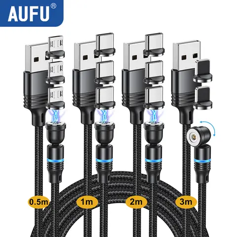 AUFU 4pc 540 Rotate Magnetic USB Type C Cable For iPhone 14 Xiaomi Fast Charger Micro USB Type-C Magnet Charging Cable Data Wire