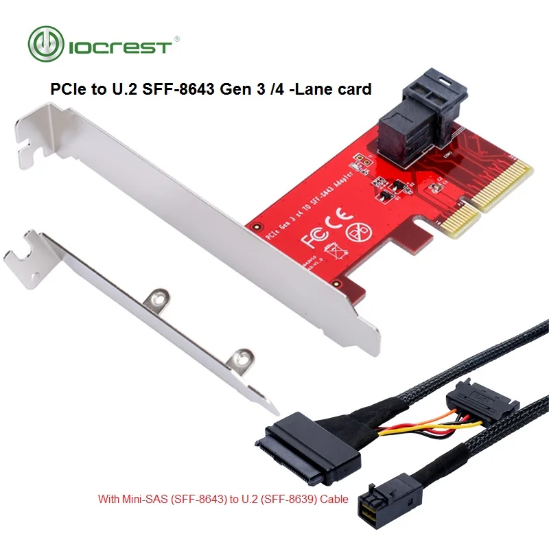 IOCREST PCIe to U.2 SFF-8643 Gen 3 /4 -lane Card for 2.5" Nvme SSD with Mini-sas (SFF-8643) to U.2 (SFF-8639) Cable for Mining