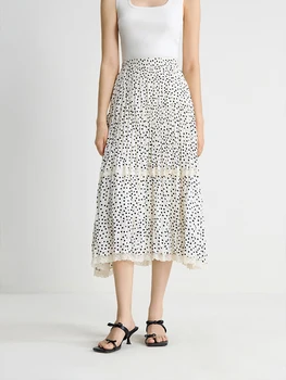 DUSHU Gonna lunga a pieghe retrò a pois da donna 2024 Estate Nuovo design Cuciture in pizzo a vita alta Gonna versatile 24DS82739