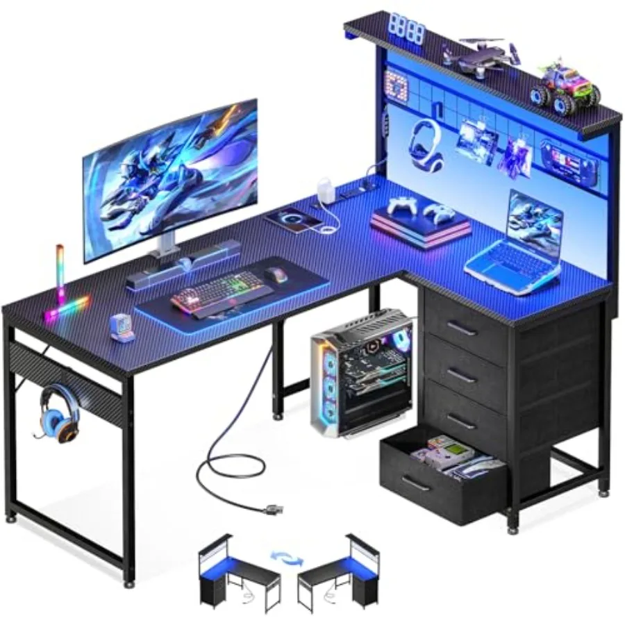 43 L Shaped Gaming Desk with Shelf 4 Drawers for home office, engineered wood, black, spacious layout and ample storage