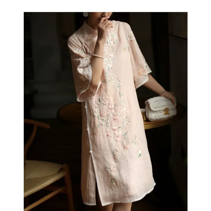 Summer Sweet Pink Heavy Embroidered Mid Sleeve Cheongsam Dress Women's Clothing Vintage Fairy Mandarin Dresses Modern Qipao