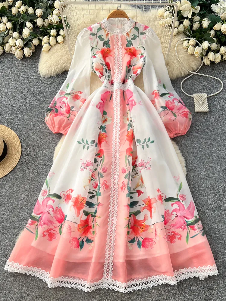 

French Retro Floral Print Dress Women Spring Autumn Summer Lace Patchwork Long Sleeve Romantic Vacation PartyElegant Dress Woman