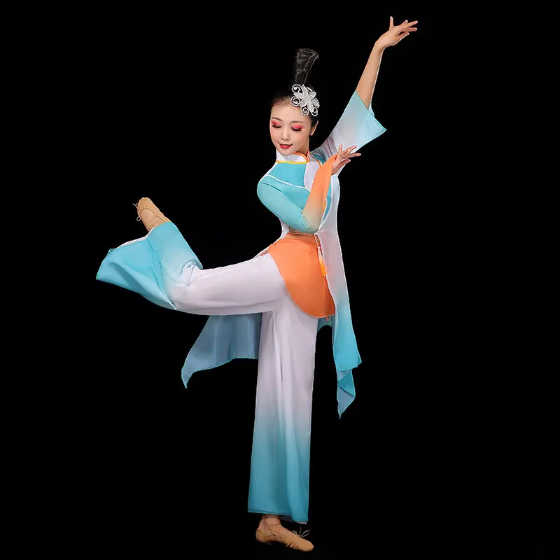 Costume da spettacolo di danza classica per le donne, elegante danza dell'ombrello in stile cinese, danza dei fan, costume da spettacolo di danza yangko