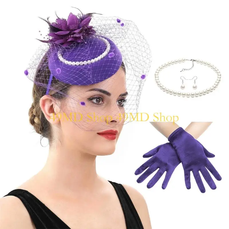 49MD Imitation Pearls Embellished Hat Gloves For Women's Prom Occasion And Parties