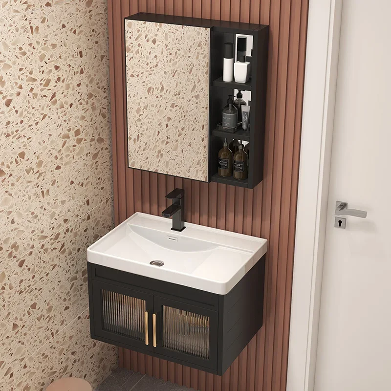 Space Aluminum Narrow Bathroom Cabinets Simplicity Ceramic Integrated Basin Bathroom Vanity Storage Cabinet Bathroom Furniture