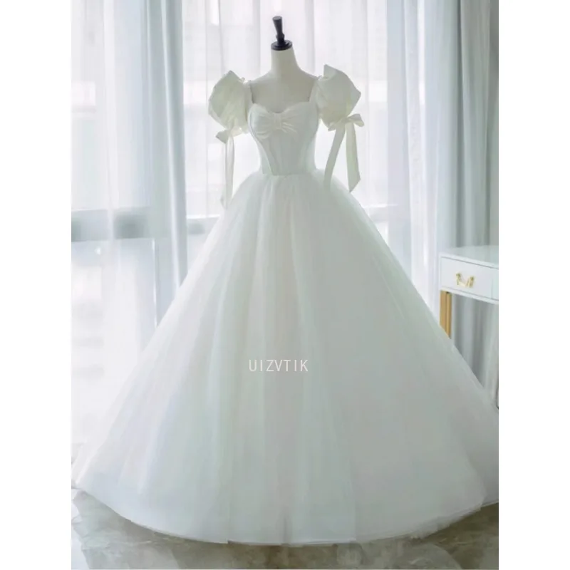 Gaun Pengantin Putri Manis Elegan Putih Gaun Pengantin Panjang Pergelangan Kaki Lengan Puff Pita Wanita Gaun Pesta Malam Formal Wanita