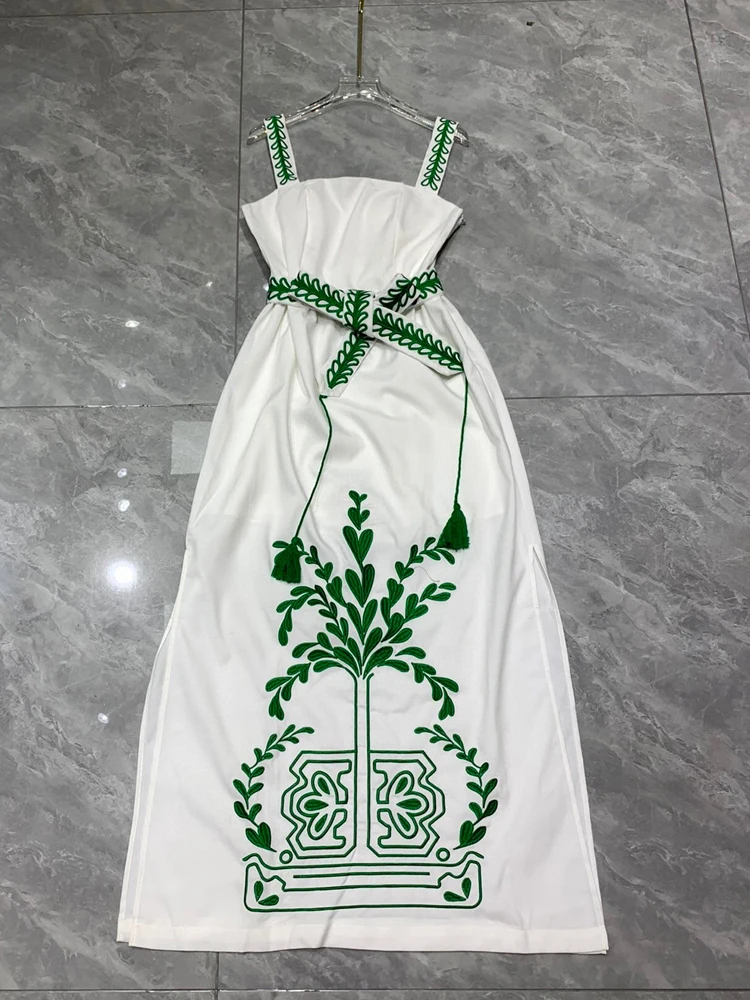 AELESEEN-Robe d'été de haute qualité pour femmes, bretelles spaghetti, vert, violet, broderie de fleurs, ceinture mince, fendue, longue, caraco de fête