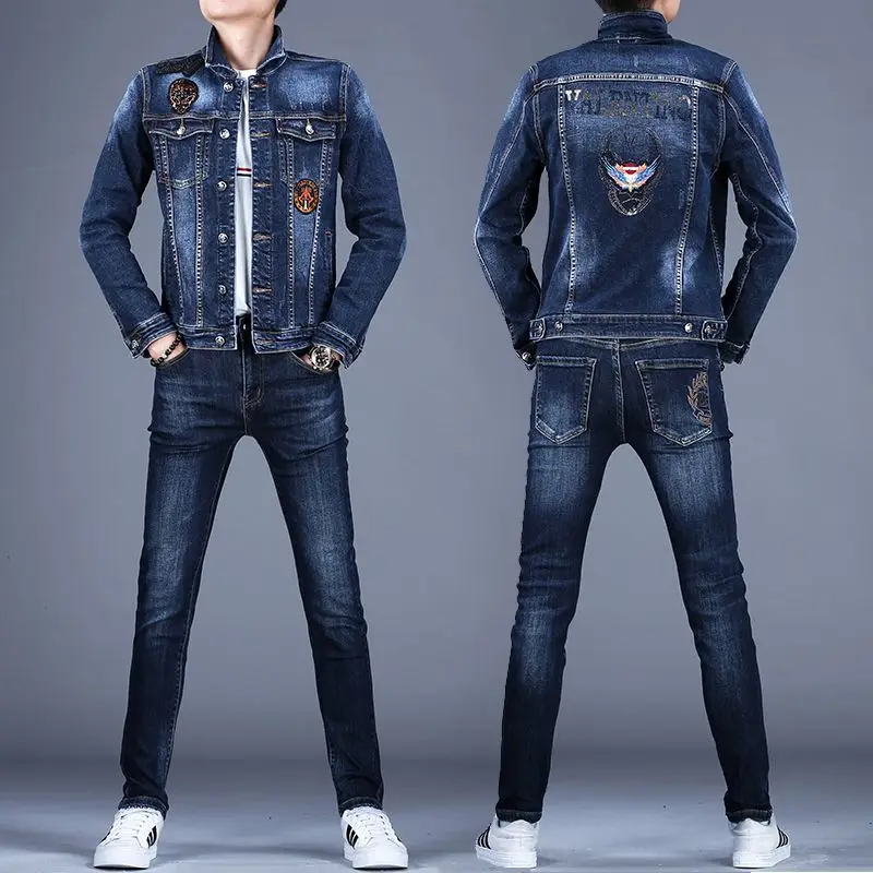 2023 Paired with denim jacket set, men\'s luxury fashion casual top and pants two-piece set, slim fit and elastic