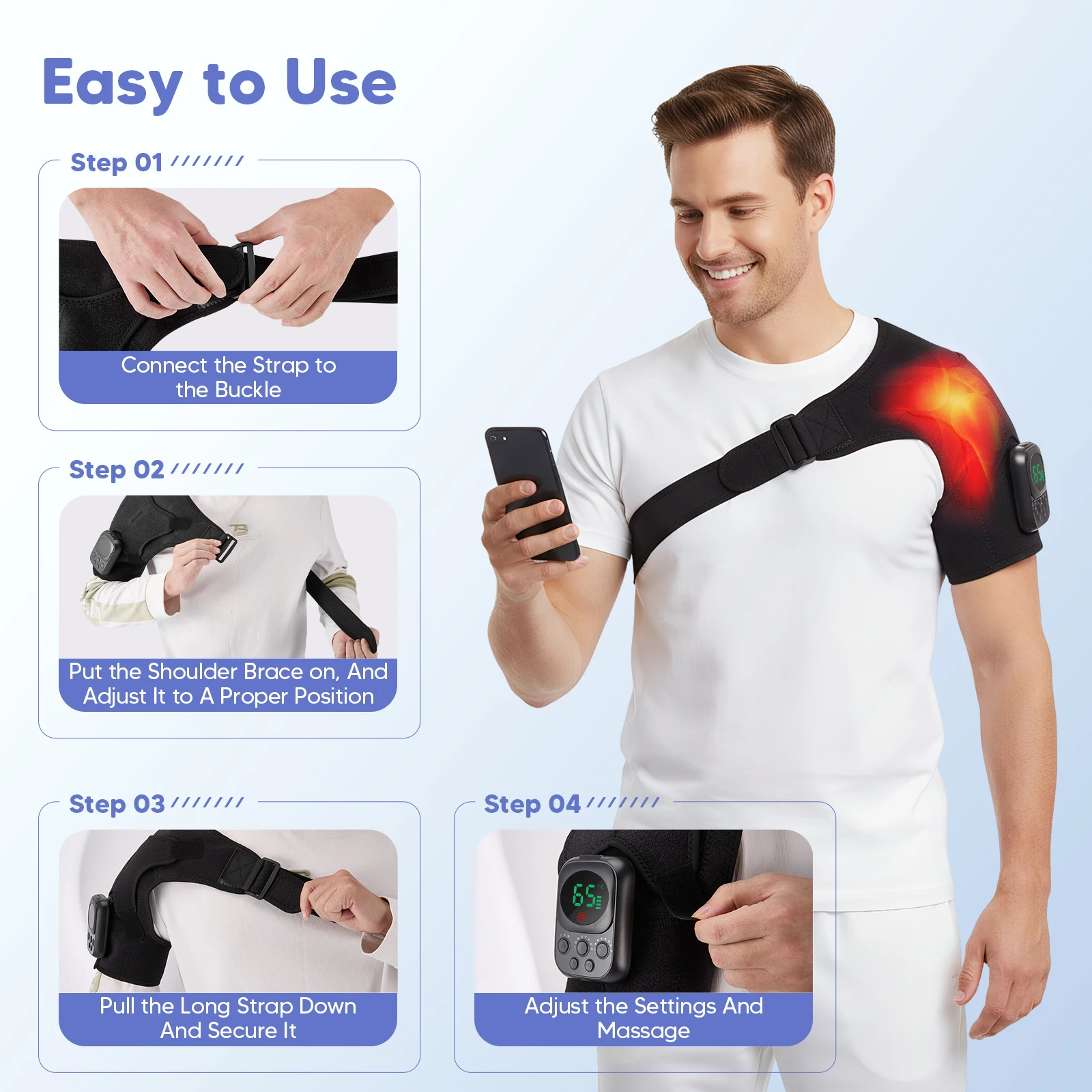 Attelle chauffante pour l'épaule sans fil, coussin de massage chauffant pour l'épaule avec chaleur et vibrations réglables sur 3 niveaux, contrôle par écran tactile