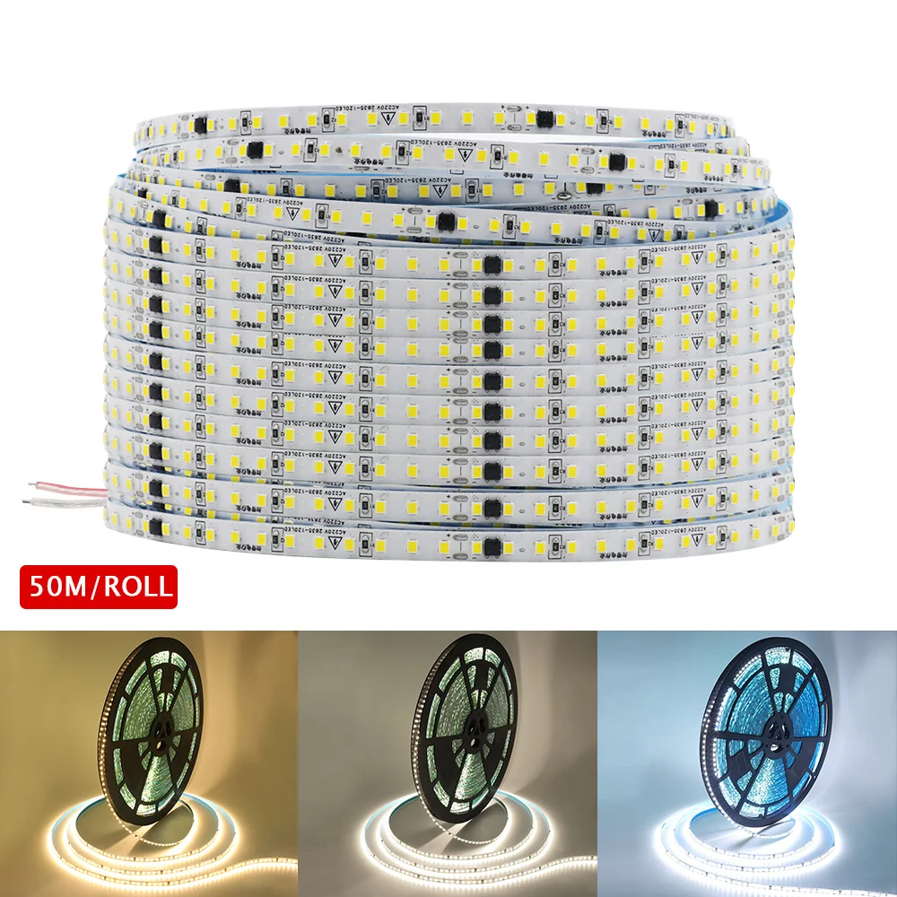 Tira de luces LED de 220V, 2835, 5m, 10m, 30m, 50m, cinta de 120LED/m, iluminación LED impermeable, lámpara Flexible blanca Natural cálida,