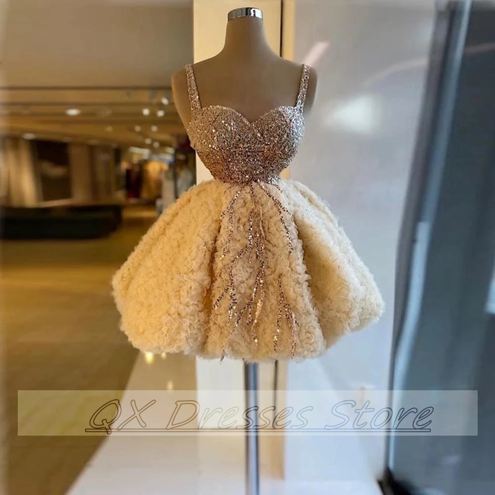 Customized Champagne Tulle Cocktail Dresses 2022 Beaded Spaghetti Sequins Short Elegant Prom Dress Formal Evening Party Vestidos