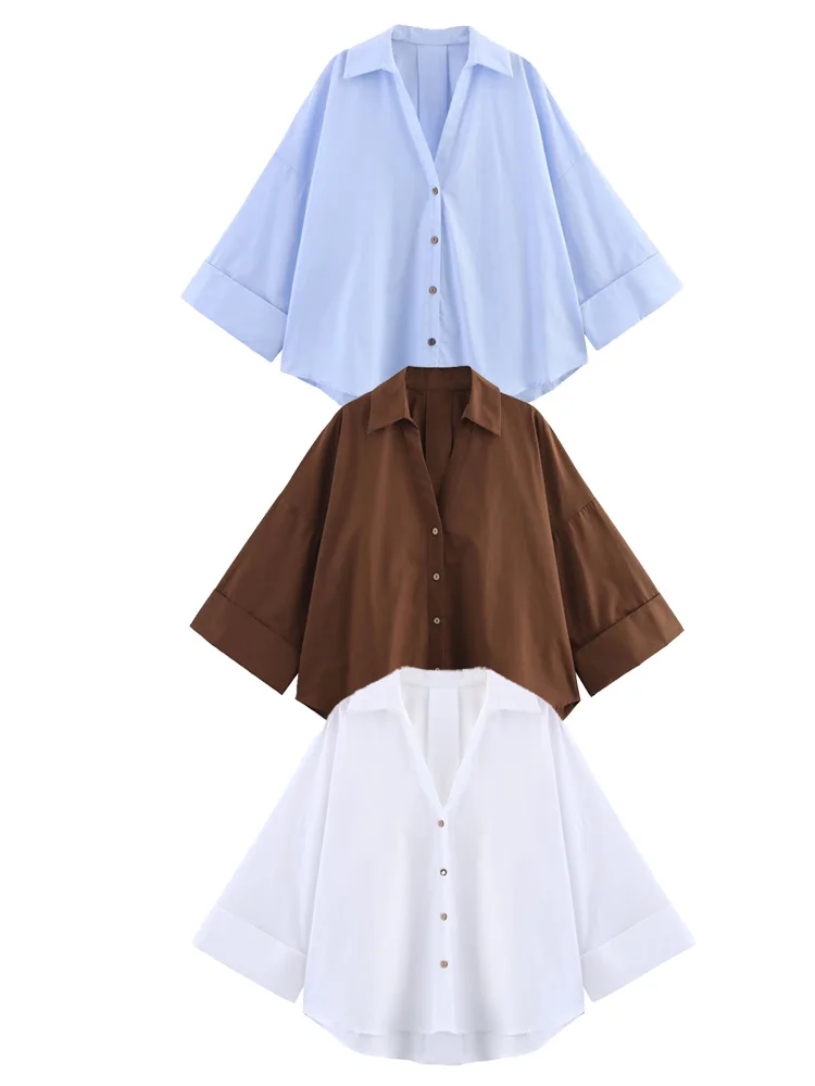 HXAO Camicie e camicette con bottoni Donna Pieghe a maniche corte Camicetta bianca blu marrone Donna Summer Street Style Top oversize