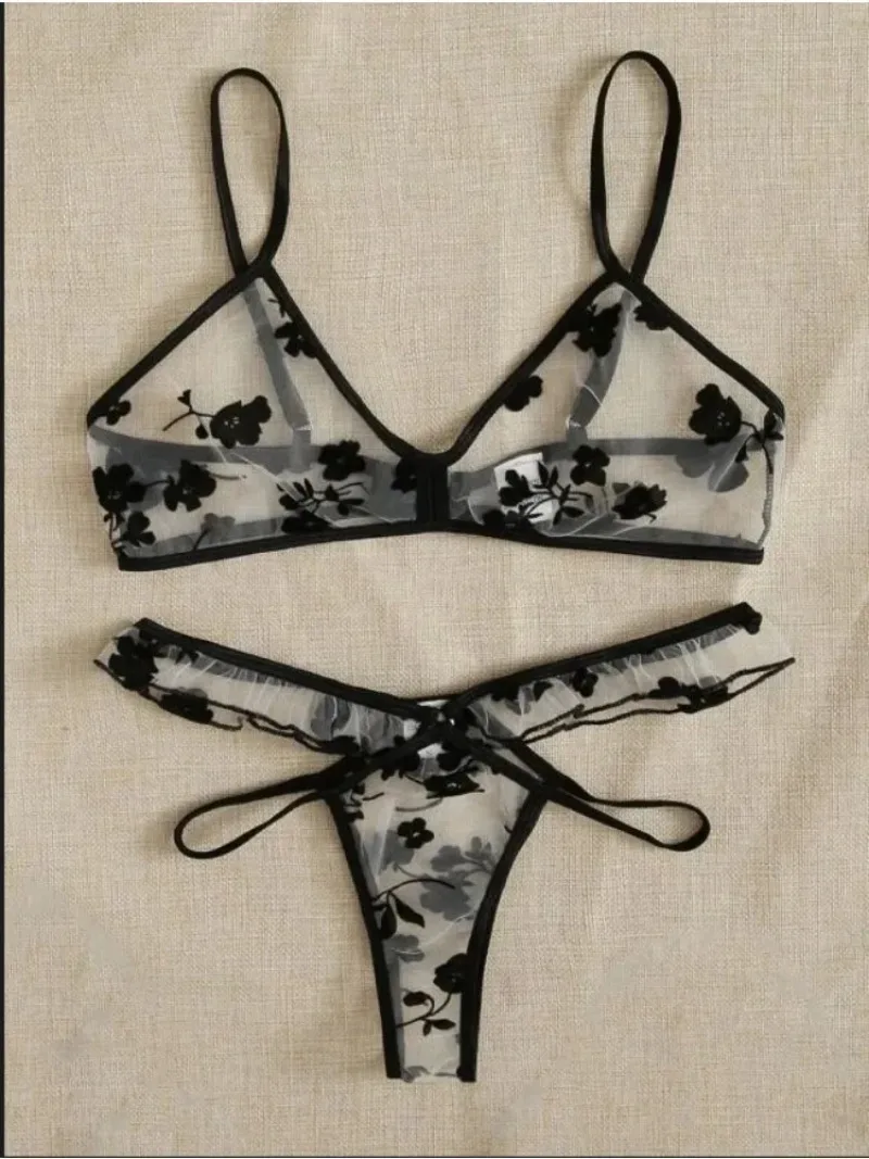 Conjunto de Sujetador de encaje para mujer, lencería Sexy transparente, ropa interior con tirantes finos, traje con estampado Floral, Bralettes elegantes, Корistarт Ж misce, verano 2025