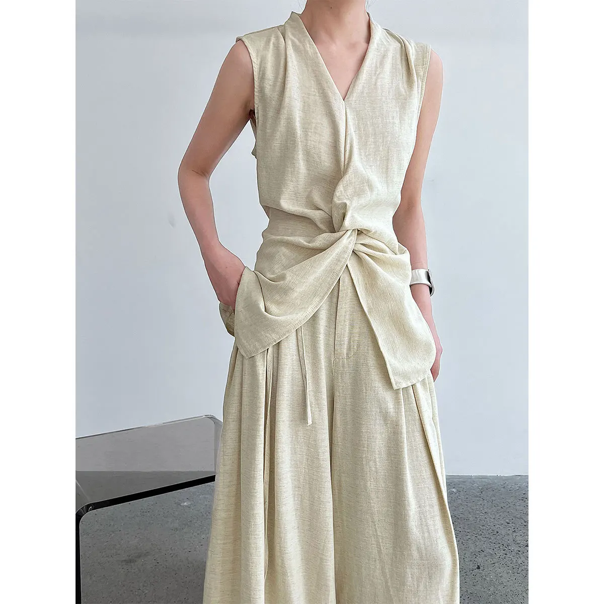 

V-neck Twist Sleeveless Vest + Wide-leg Pants Women Summer Slim Fit Linen Two Piece Set