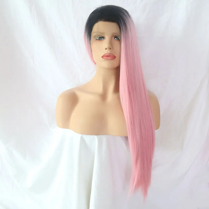 Black Ombre Pink Straight Hair Wig Synthetic 13X4 Lace Front Wigs High Quality Heat Resistant Fiber Hair For Black Women Cosplay