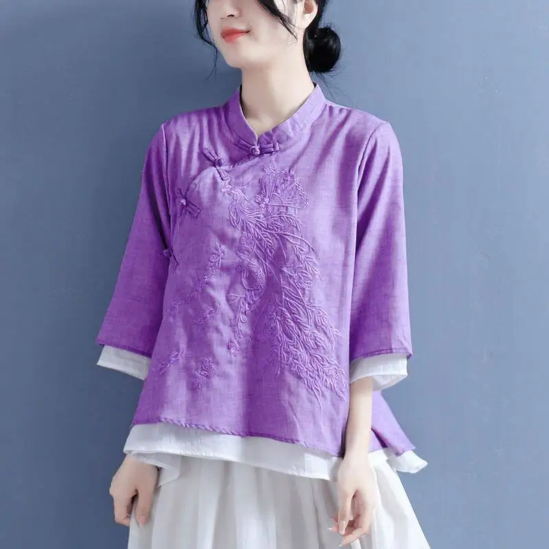 Traditional Chinese Summer New Cotton Linen Shirt Women Embroidery Vintage Chinese Style Button Tea Dress Hanfu Tops CN-236