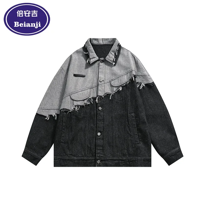 Beianji 2025 Spring New Splicing Denim Jacket Men's PatchworkCoat Long Sleeve Casual Tassel Hole Single-breasted Button Up Top