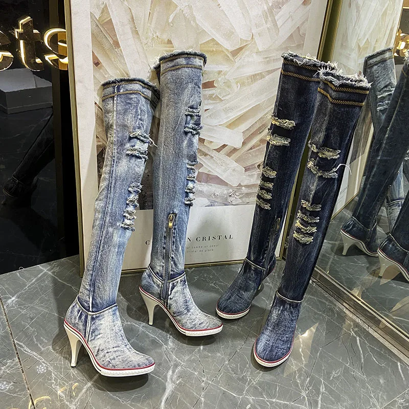 Sport style spike high Heel Denim cloth Thigh Boots Frazzle hole Cowboy Pointed Toe Over Knee Boots Women vintage jeans Boots