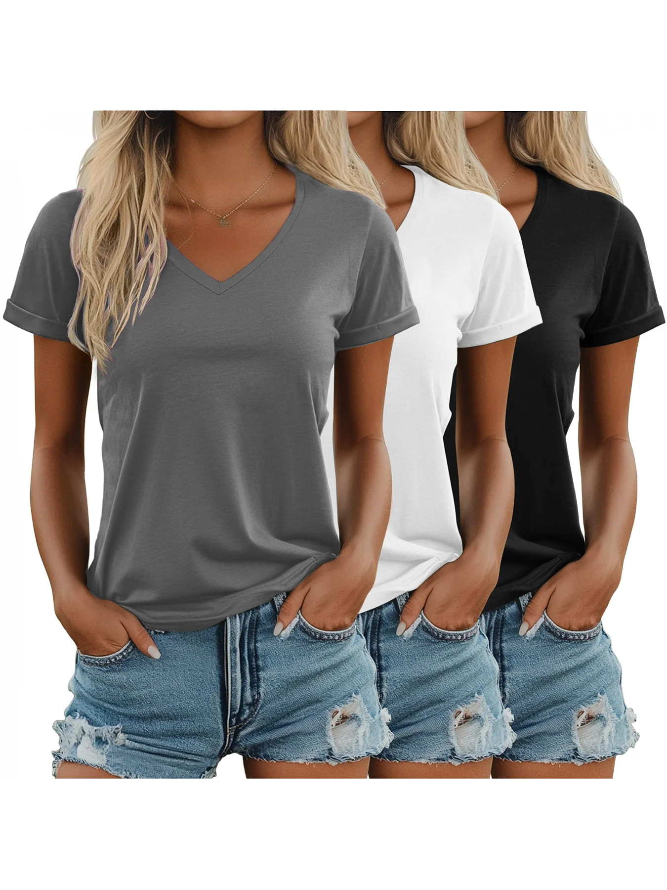

New fashion comfortable and casual women's V-neck short-sleeved T-shirt, three-piece set