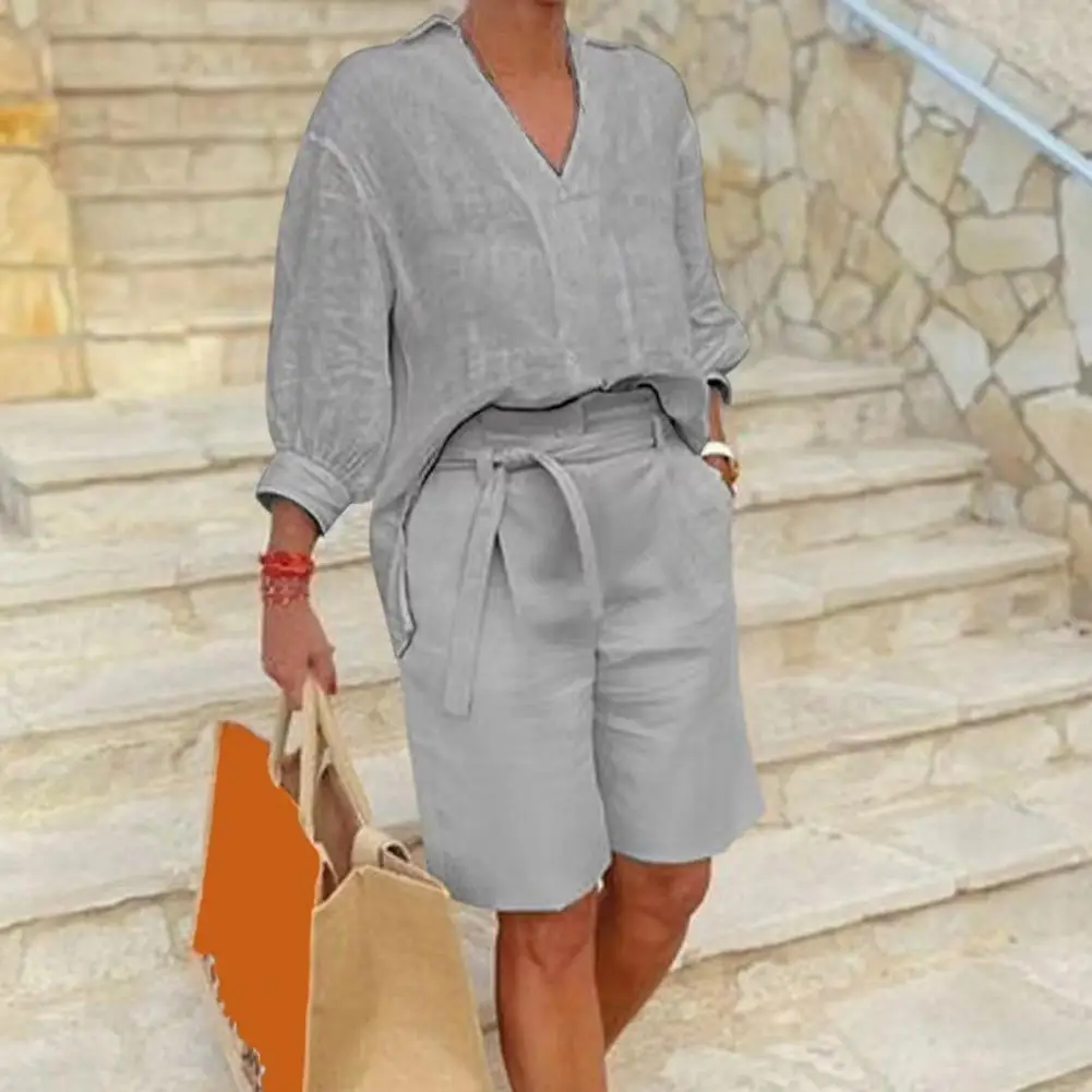 

Women's Cotton Linen Two Piece Outfit V-Neck Half Sleeve Lapel Shirt And Belted Wide Leg Shorts Summer Lounge Set with Pockets