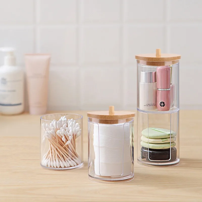 Acrylic Storage Box Bathroom Jar Makeup Organizer Cotton Balls Round Pad Pen Holder Cotton Swab Box Dispenser with Bamboo Lid