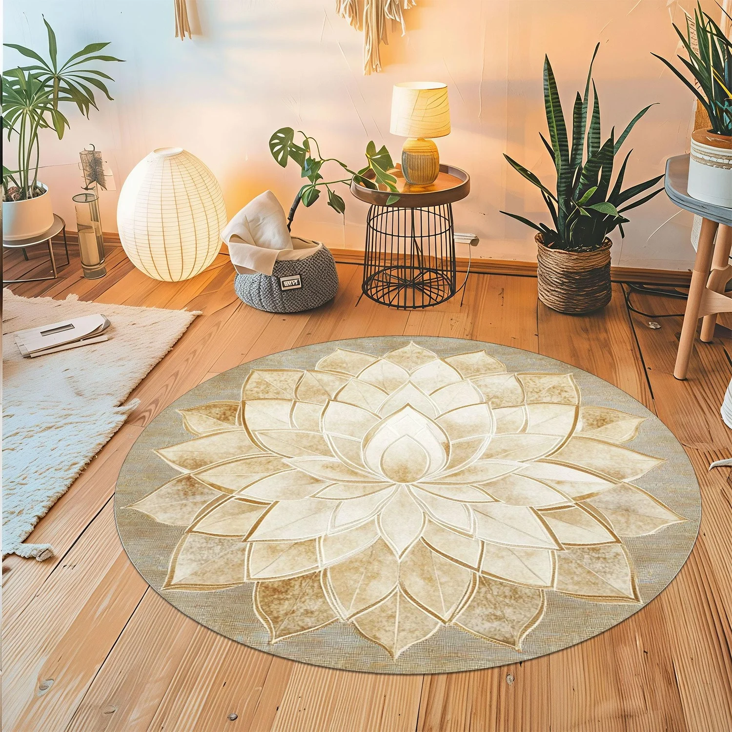 Beige Lotus Mandala Round Rug, Soft Plant Texture, Elegant Spiritual Design, Neutral Zen Rug