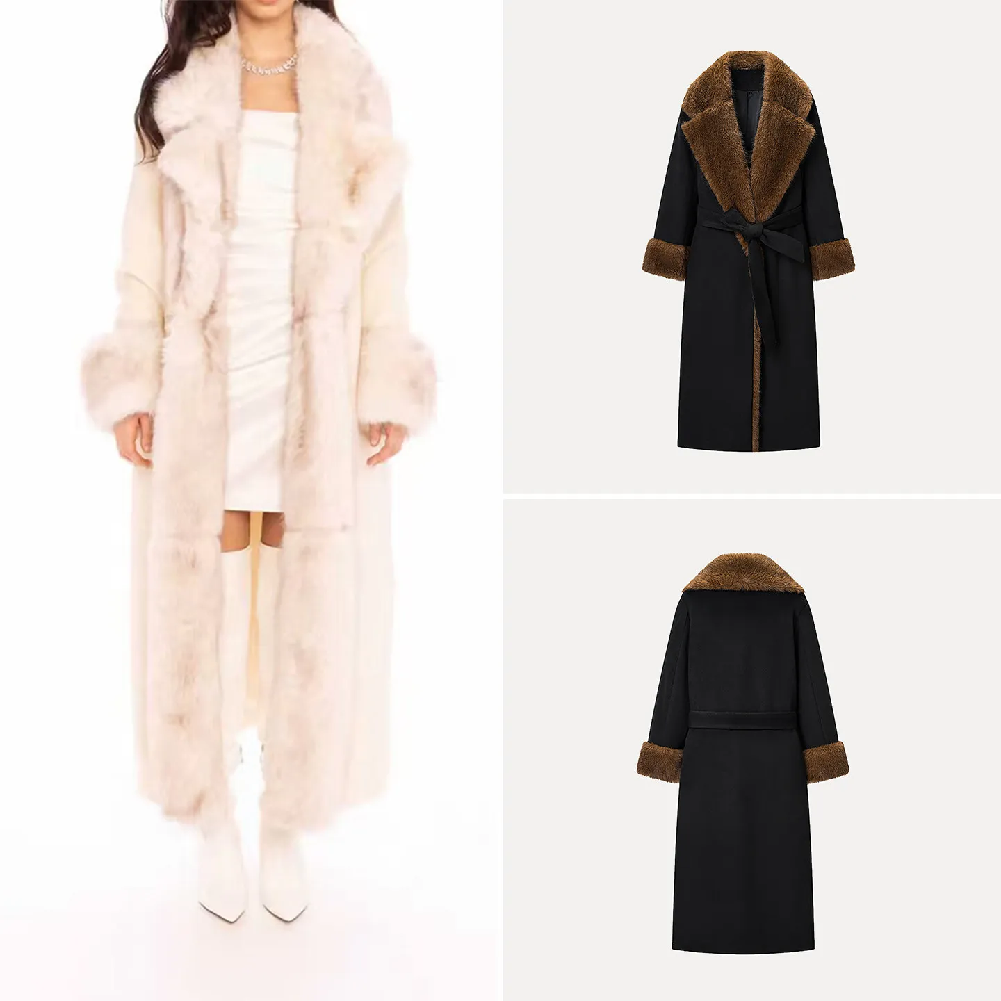 

Новое модное женское шерстяное пальто зимы 2025 года, простая верхняя одежда с большим меховым воротником, длинное свечо для молодых дам