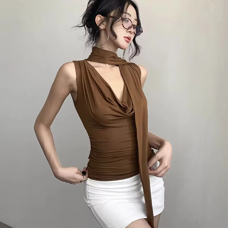 Ladies Elegant Draped V‑Neck Tank Top Sleeveless Scarf Collar Self‑Tie Ruched Cropped Vest Casual Evening Going‑Out Tops