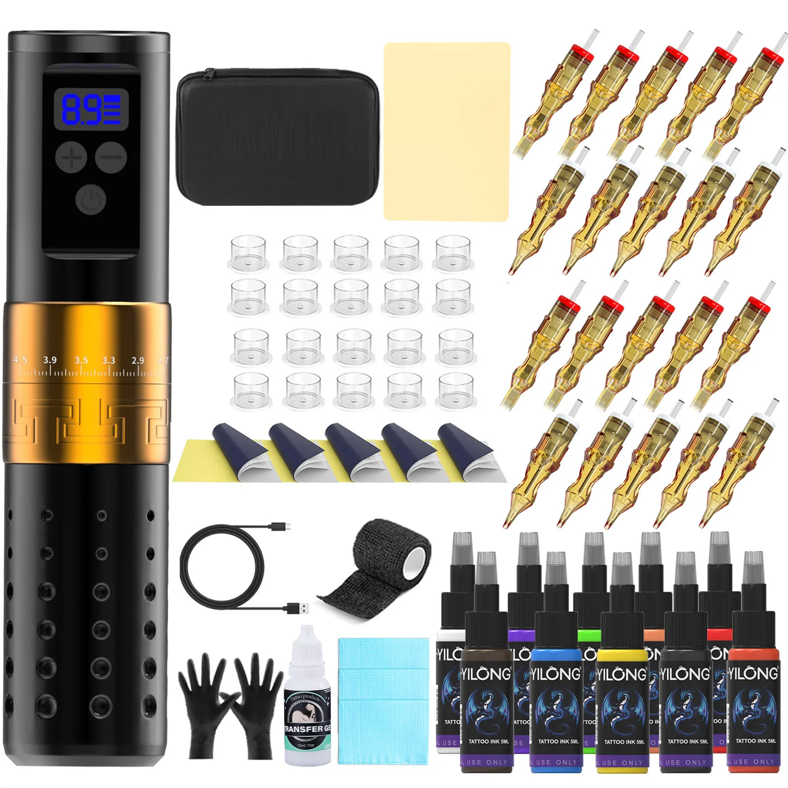 

Набор для татуировки YILONG, полный беспроводной набор машин с вращающейся ручкой и регулируемым ходом с источником питания 1300 мАч для татуировщика