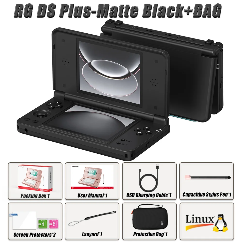 Anbernic RG DS Plus: draagbare retro-gameconsole met dubbel scherm, 4,3 inch IPS-scherm, RK3568-processor, Linux-besturingssysteem, 1 GB RAM, 16 GB TF-geheugen, WiFi, Bluetooth en een batterij van
